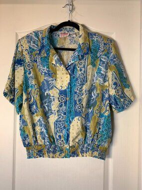 Vintage H.E.R. Paisley Blouse Blue & Tan, Smocked Hem & Shoulder Pads, XL 80's